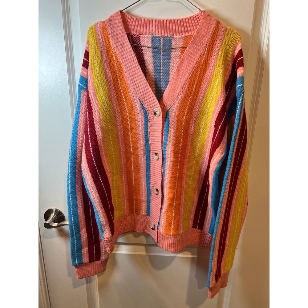 Unbranded Women Cardigan Vertical Rainbow Stripe Multi-Color Large
